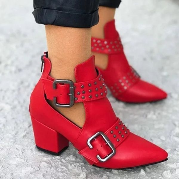 

winter women ankle boots leather platform high square heel rivet belt buckle straps punk zipper black biker botas femininas y200915