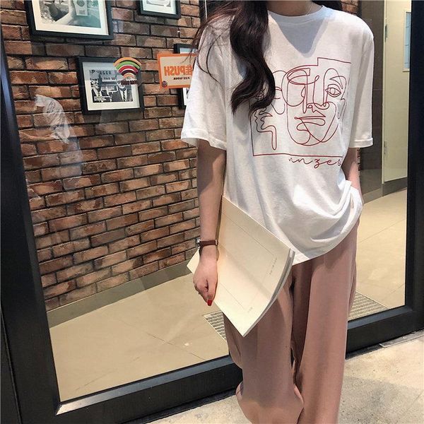 

new print character fresh sweet leisure 2020 summer casual loose tee stylish short-sleeved pullovers t-shirt, White