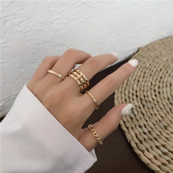 

4 pcs fashion metal zinc alloy geometry multiple round rings set punk minimalist golden ring women banquet wedding party jewelry1, Golden;silver