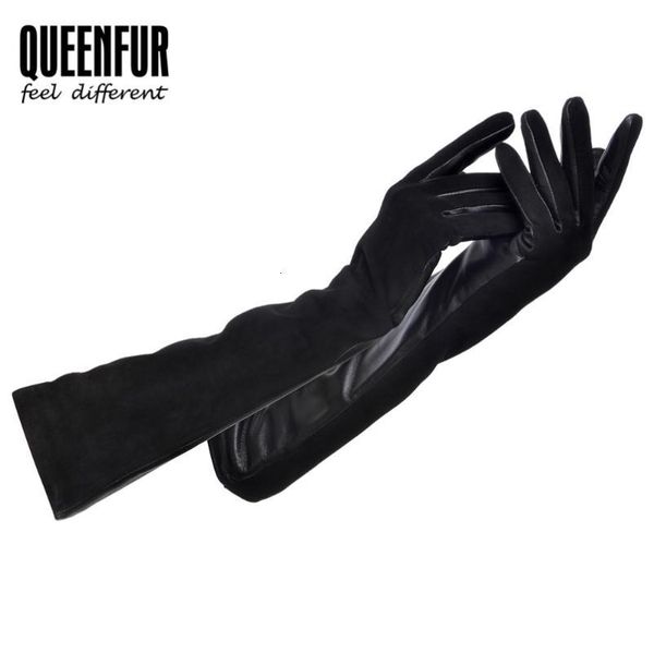 

queenfur women' real leather long gloves genuine sheepskin leather gloves warm mittens female long style elbow, Blue;gray