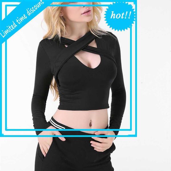 

women casual long mouw t-shirts out mode effen color cross bandage v-neck exposed navel hollow slim fit tees, White