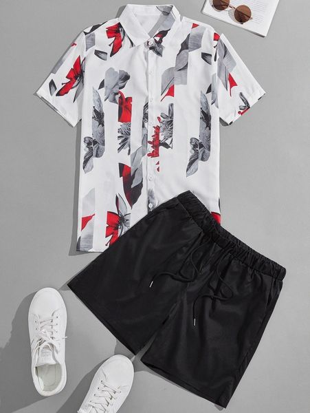 

men floral print shirt & drawstring shorts x7hw#, Gray