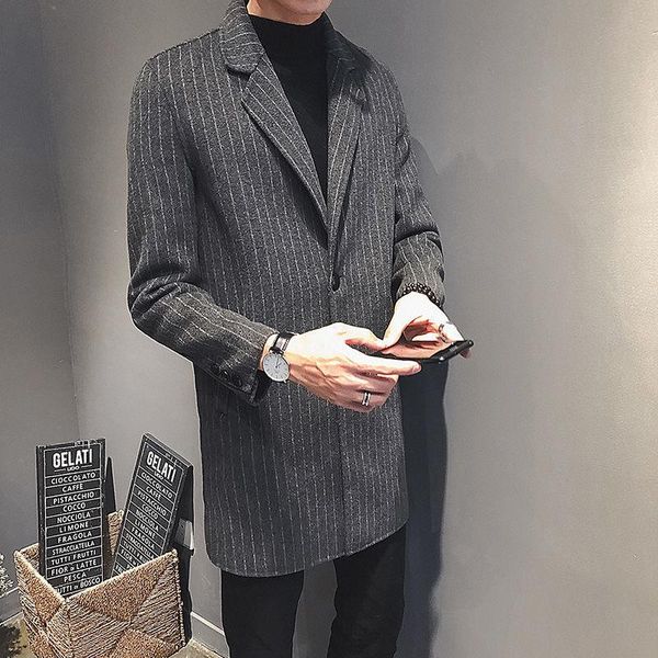 

mrgoldenbowl autumn and winter single breasted suit collar striped casual style men coat woolen mid-length korean style coat, Tan;black