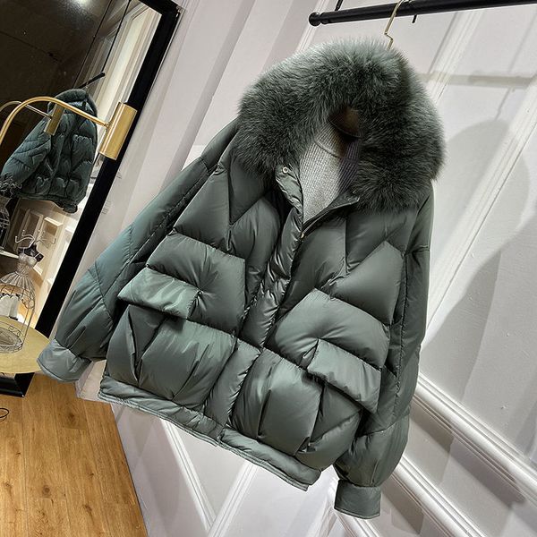

large natural fox fur hooded winter down coat women 90% white duck down jacket thick warm parkas female outerwear c1204, Black