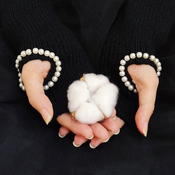 

autumn winter warm long gloves women diy pearl gloves stretch solid color fashion fingerless knitted mitten glove christmas gift, Blue;gray