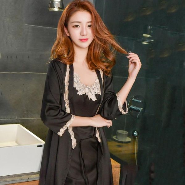 

women kimono robe gown set v-neck side split nightdress suit lace leaf trim sleepwear faux silk casual home dress, Black;red