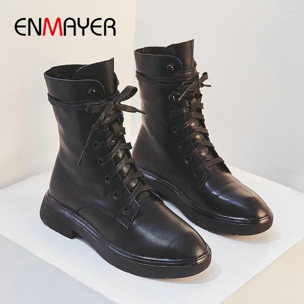 

enmayer 2020 genuine leather ankle boots for women round toe lace-up motorcycle boots square heel winter women shoes size 34-391, Black