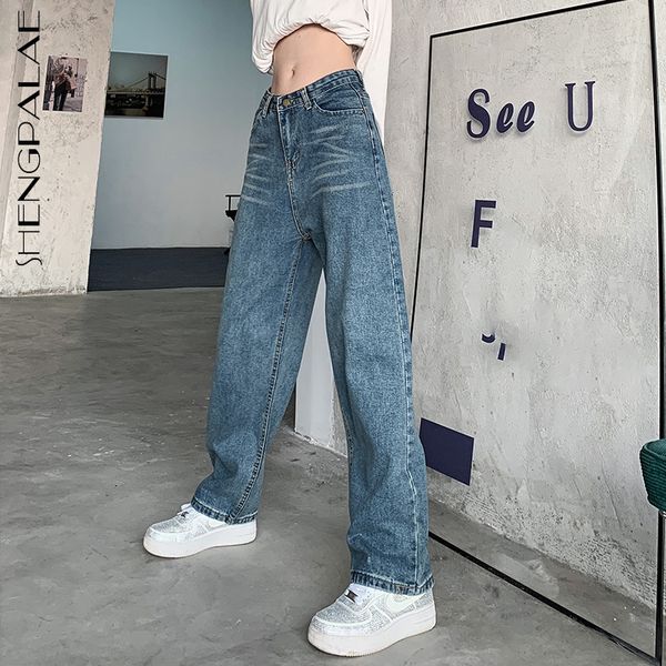 

shengpalae straight tube denim pants women's spring 2021 new high waist wide leg loose solid color simple female jeans 5a1204 y1214, Blue