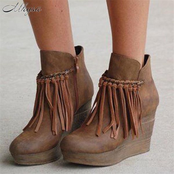 

boots 2021 winter women ankle fashion tassel wedges warm zipper shoes botas mujer d1412, Black