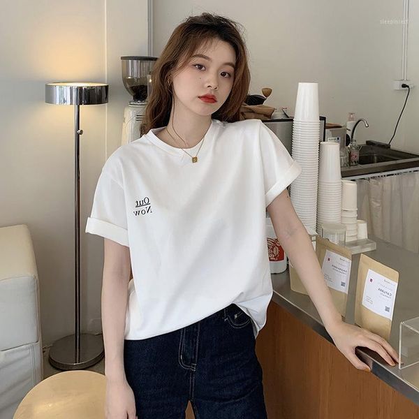 

100% cotton europe 2020 summer new female round neck letter printing short-sleeved loose simple t-shirt women1, White