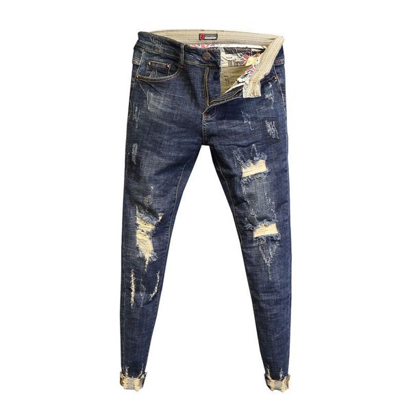Мужские джинсы оптом, модные, без глажки, с низкой талией, для стирки, брюки с необработанными краями, узкие мужские весенние рваные джинсы до щиколотки 201117