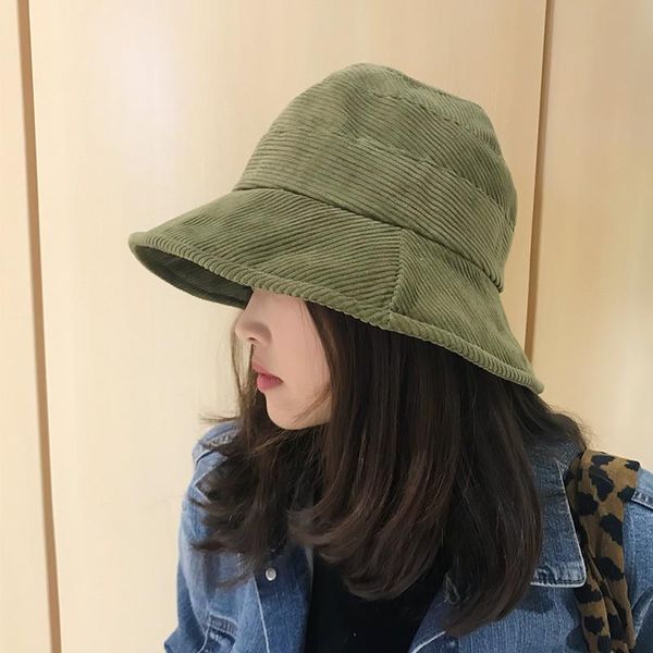 

2020 Corduroy Tweed Bucket Hat Women Panama Winter Solid Japanese Streetwear Folding Sunscreen Big Wide Visor Vintage Flat Hat, Blue;gray