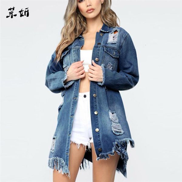 

spring autumn denim jacket women button long sleeve pockets denim hole open front jean jacket overcoat turn-down collar1, Black;brown