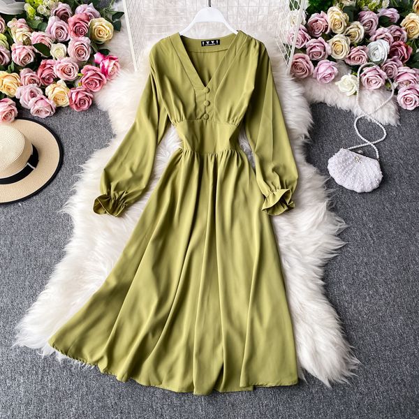 

2022 autumn solid casual v neck slim elegant dress a line full high waist mid-calf women party long dress, Black;gray