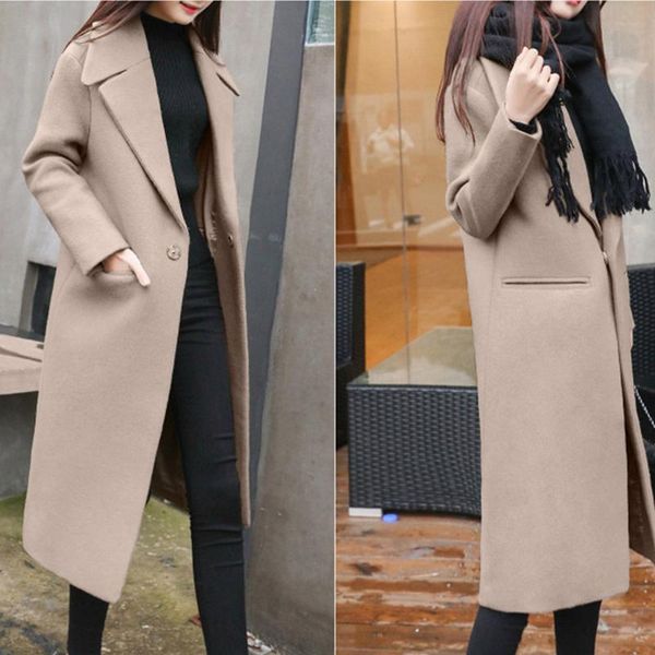

womens winter fashion lapel wool coat trench jackets solid long sleeve overcoat outwear manteau femme dropship w1120, Black