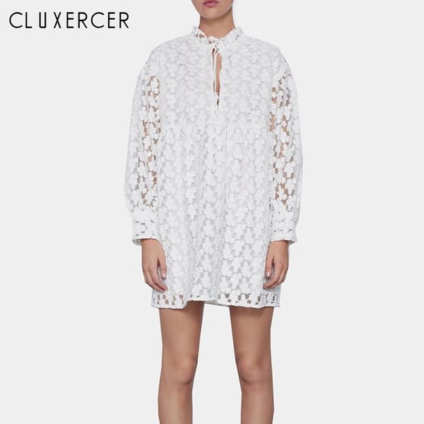 

elegant hollow out women dress long sleeve ruffled neck white mini dress spring summer casual solid dresses t200603, White;black