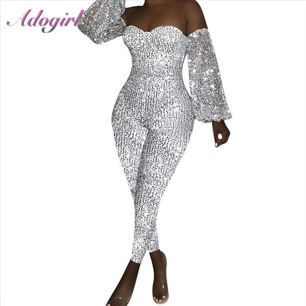 

sequin off shoulder deep v neck night party club jumpsuit women casual lanter long sleeve rompers overalls outfits, Black;white