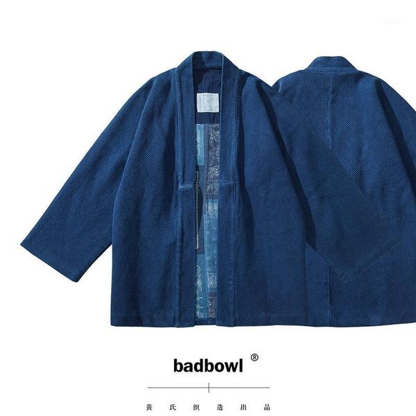 

men's jackets badbowl japanese casual indigo plant blue dyeing robe heavy kendo fabric retro kimono jacket flanel lhamo jackets1, Black;brown