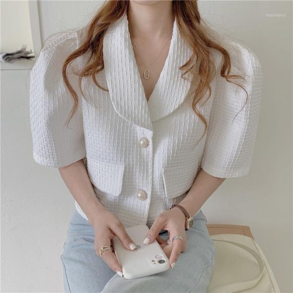 

2020 summer autumn puff sleeve elegant blouse crop korean fashion pearl button white shirts women short sleeve shirt mujer1