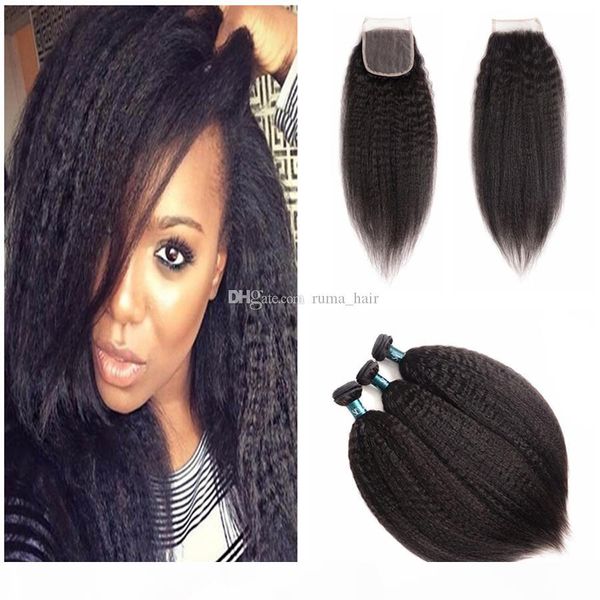 

kinky straight human hair bundles with lace closure afro kinky straight virgin brazilian human hair coarse yaki lace closure with bundles, Black;brown