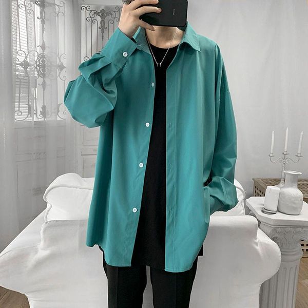 

spring dress shirt men's fashion solid color business casual shirt men streetwear korean loose long sleeve shirts mens -2xl, White;black