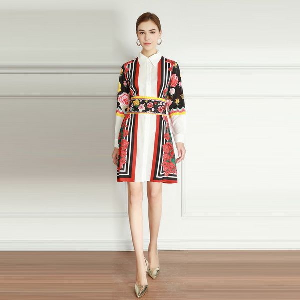 

xl 1229 plus size dress 2021 summer a line long sleeve dress prom fashion flora print striped lapel neck brand same style dress sh, Black