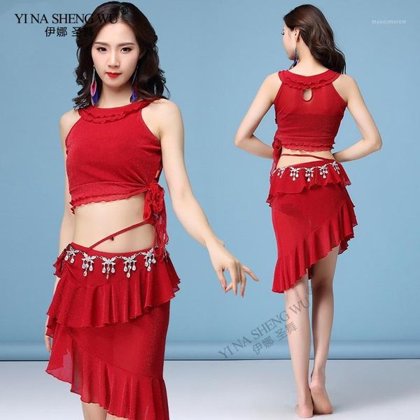 

stage wear women's mesh 5 colour clothing short sleeves+skirt 2pcs belly dance practice suit for women set skirt1, Black;red