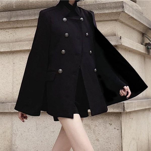 

women winter overcoat double breasted gothic cloak woolen jacket coat long sleeve loose capes fashion ponchos outwear manteau1, Black