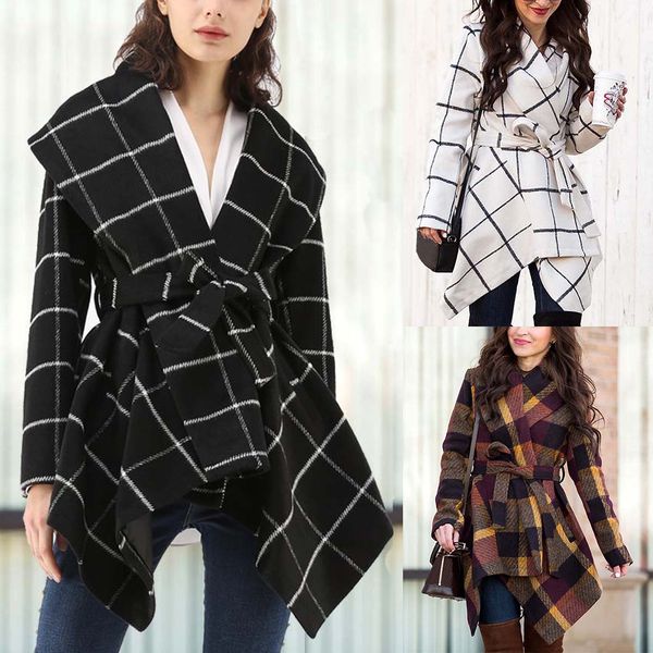 

women jacket with belt autumn and winter fashion long woolen coat european and american style womens lapel neck trench coats size s-xl, Tan;black