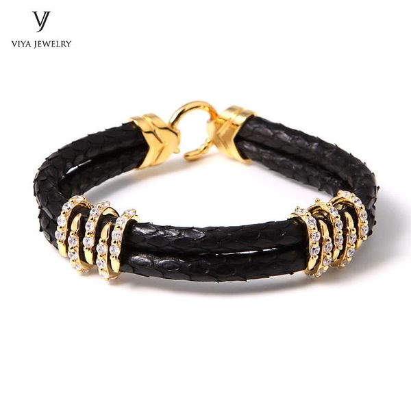 

charm bracelets luxury friendship bracelet gift 925 sterling silver with real python leather genuine cords for men, Golden;silver