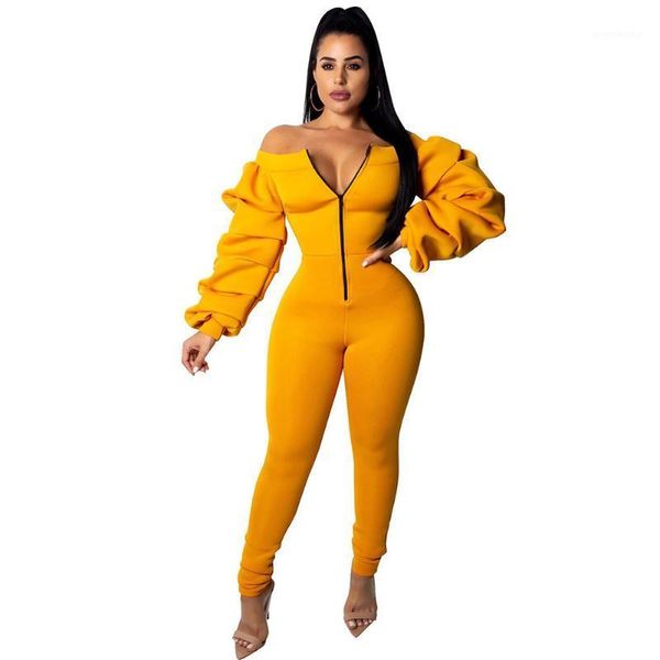 

2020 new women casual jumpsuit front zipper slash neck off shoulder rompers long puff sleeve thick jumpsuit women overalls1, Black;white