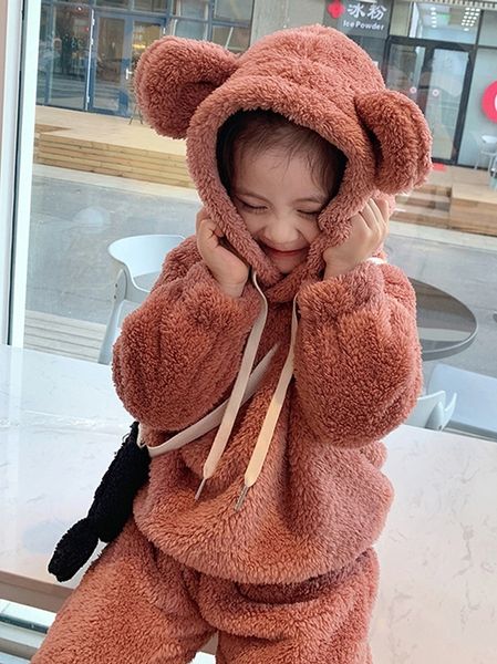 

2020 winter new children's lovely thickened plush two piece set girl baby's foreign style double faced velvet suit, White