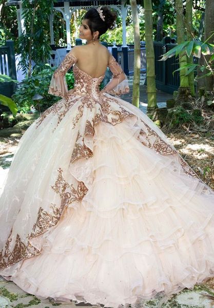 Платье принцессы Quinceanera розового золота Sweet 16, тюлевое торжественное бальное платье с длинными рукавами для девочек, Vestidos De Anos robe201V