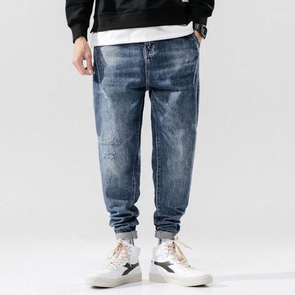 

2020 high street fashion men jeans blue black color loose fit harem trousers spliced jogger jeans hip hop ripped men1