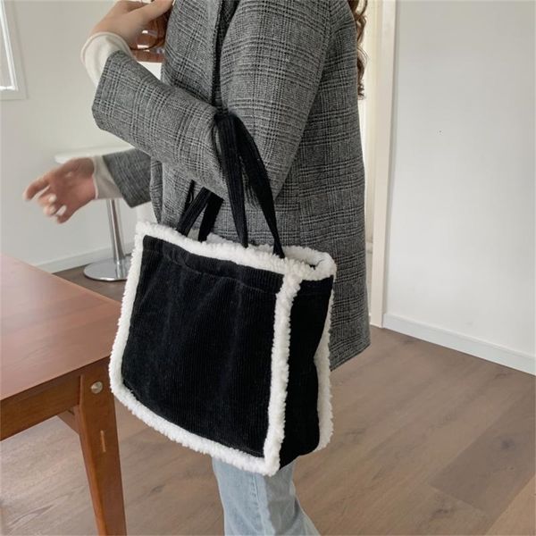 

casual corduroy large totes women handbags soft plush lady shoulder bags faux fur shopper bag female big purses winter sac 2021