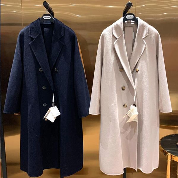 

cashmere coat women's winter long slim-fit belt coat high-end hand-sewn navy blue, Black