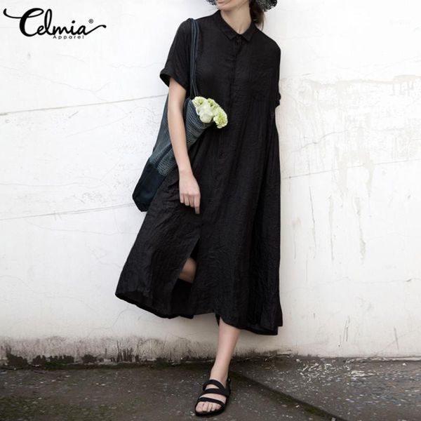 

celmia summer shirt dress 2020 women vintage long sundress lapel short sleeve button casual loose split midi vestidos party robe1, Black;gray