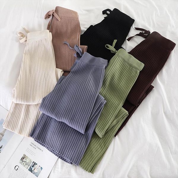 

knitted pants women new fashion korean solid lace up stretch waist trousers casual loose wide leg pants femme, Black;white