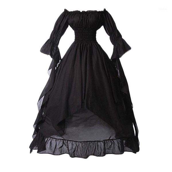 

gothic medieval dress women's retro style solid color noble dress trumpet sleeve princess party cosplay retro vestidos d31, Black;gray