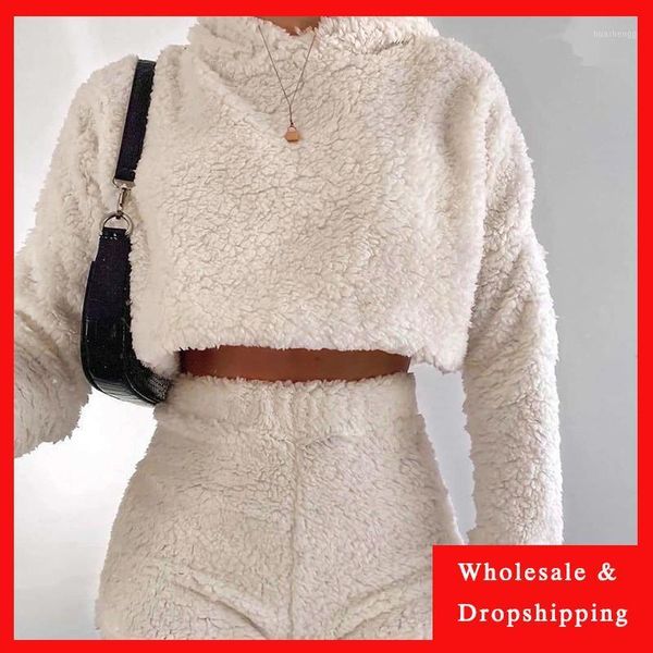 

2pcs/sets fluffy suits velvet plush hooded sleepwear shorts+crop women tracksuit casual sports set overalls sweatshirts1, Gray