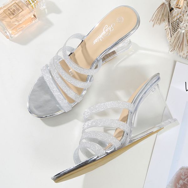 

2021 crystal transparent women wedged sandals eight inches high heels slides strass slippers pluls size shoes mb63, Black