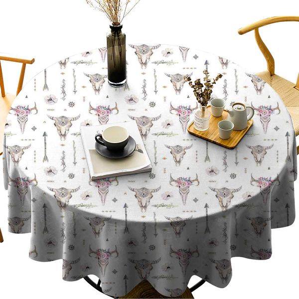 

round table cover spillproof tablecloth boho pattern artwork with arrows feathers cow skulls