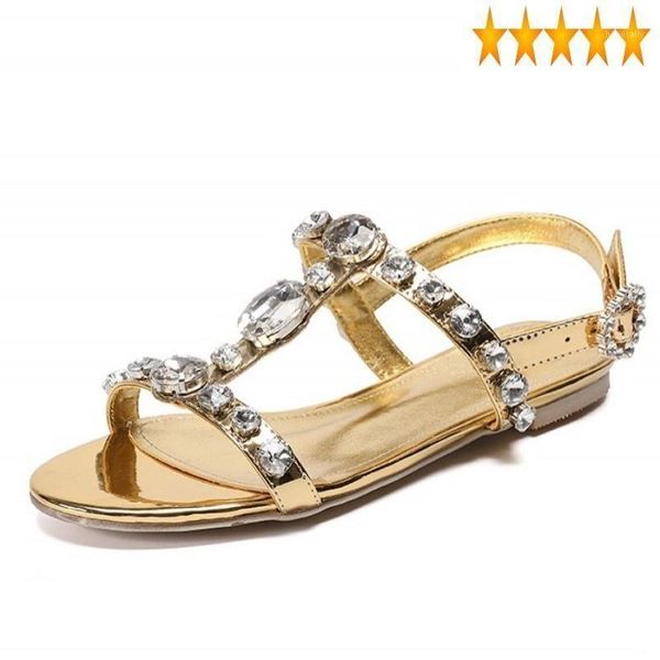

rome women open flat toe rhinestone real leather sandals street solid t-strap buckle sandal summer flats shoes plus size1, Black
