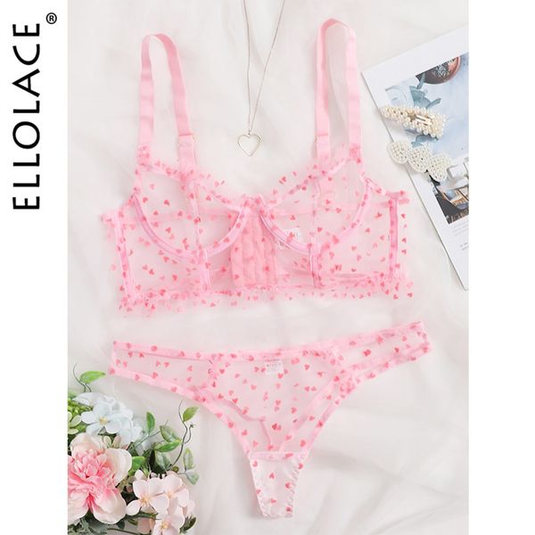 

ellolace pink polka dot lingerie set transparent women's underwear ruffle bra set lace love lenceria lingerie set for women c1212, Black;white