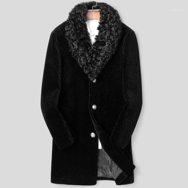 

100% wool coat winter jacket men real sheep shearling fur long coats mens lamb fur collar warm jackets chaqueta hombre my16041, Black