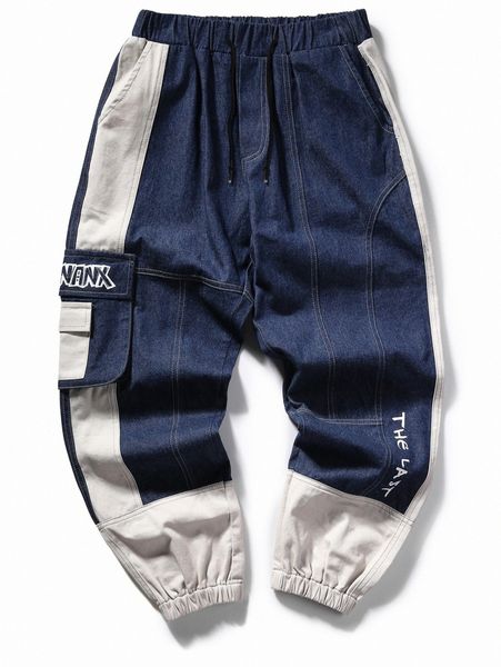 

men two tone letter graphic flap pocket jogger jeans u2t3#, Blue