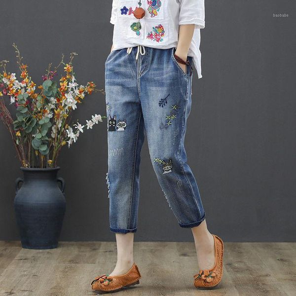 

2020 spring embroidery jeans woman plus size fashion ripped hole elastic waist ankle length vintage loose harem pants women jean1, Blue