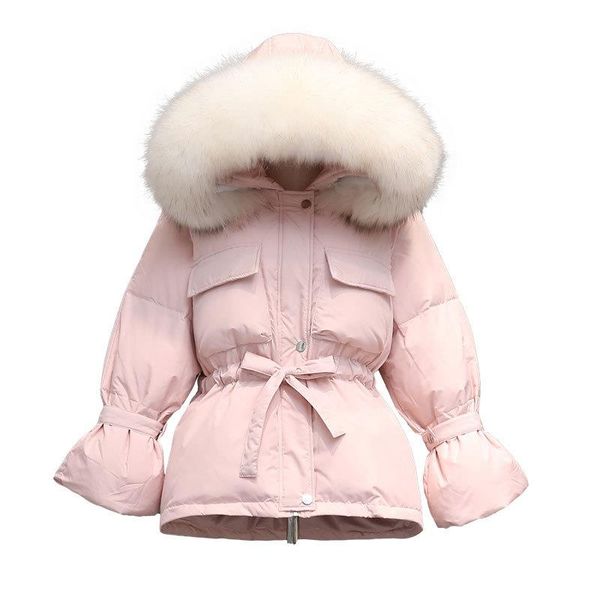 

winter real snow women hooded collar white duck parkas raccoon slim 90% pink fur female warm jackets down coat gocns, Black;white