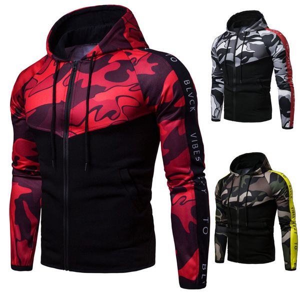 

wear european sports fitness camouflage fashion hooded color matching sweater men's cardigan, Gray