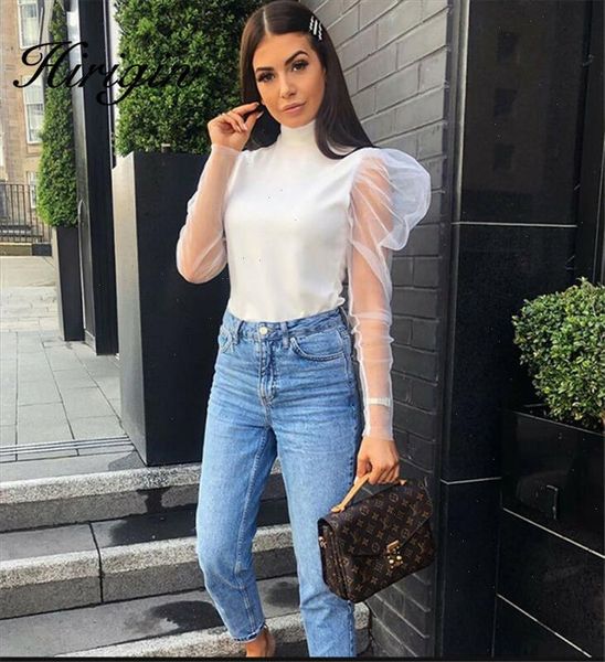 

2021 new summer fashion tunic women blouse shirts long sleeve sheer mesh turtleneck formal women white black shirts